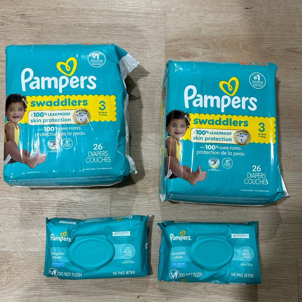 New 2 packs of Pampers Swaddlers Diapers and 2 packs of Wipes. Pampers Size 3